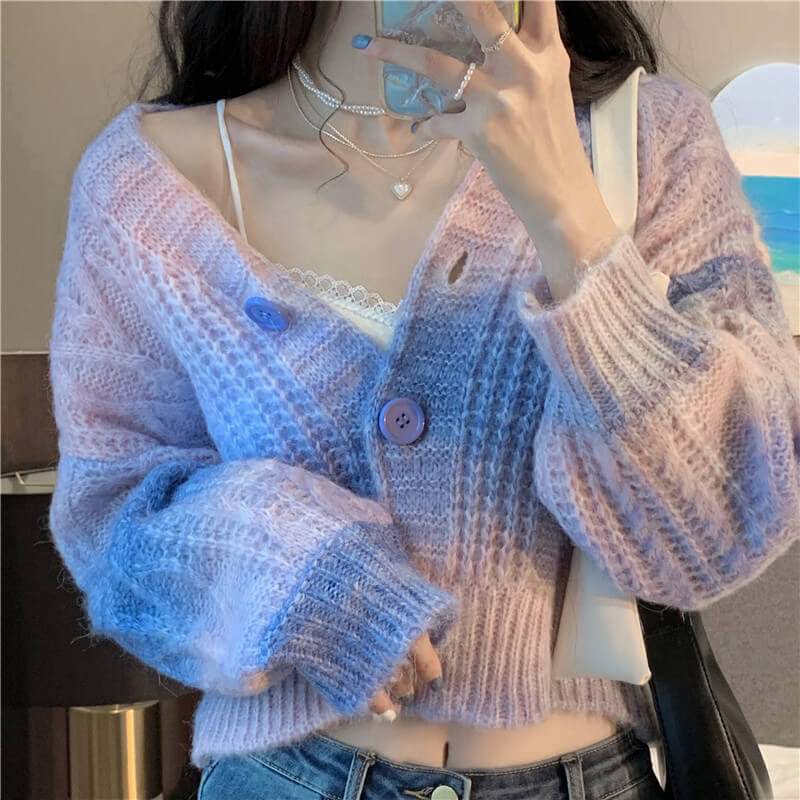 Gradient short knit cardigan by29005