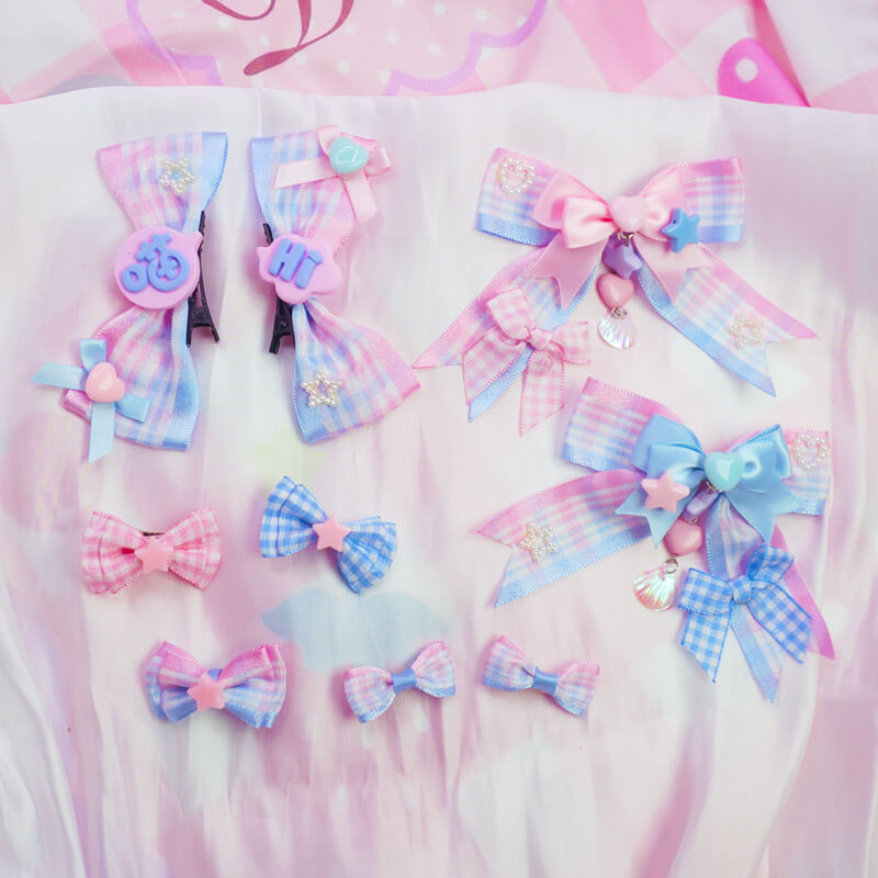 handmade Pink Blue Plaid star bow hairpin by0111
