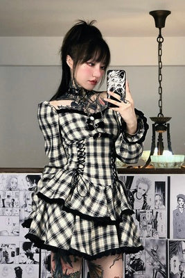 Punk black white check bow dress by0126