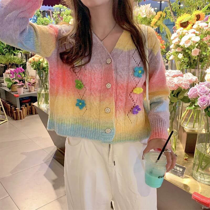 Gradient three-dimensional flower knitted cardigan by29010