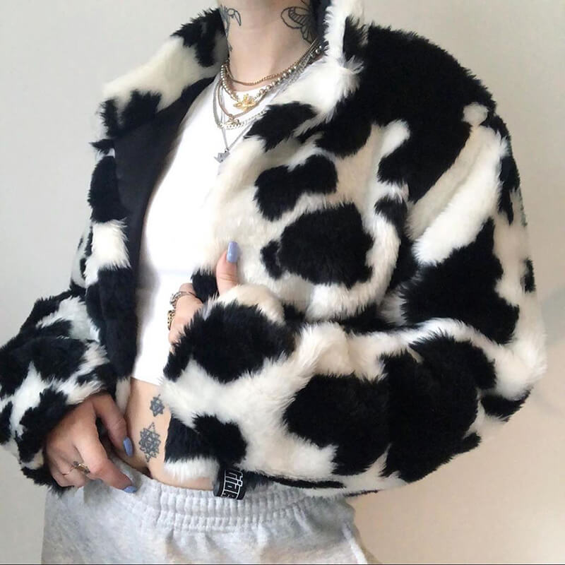 Cow pattern environmental protection wool imitation fur coat BY24903