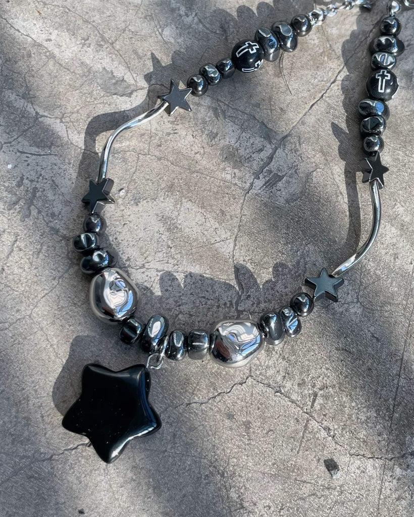 Five Pointed Star Dark Gothic Gravel Cross Necklace by12282