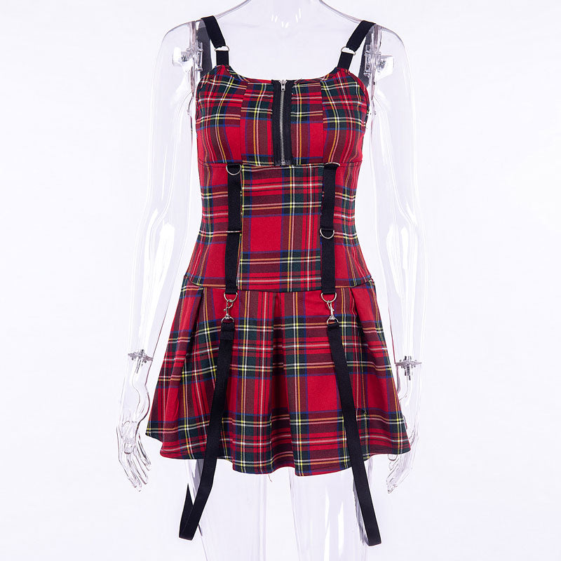 PUNK SLEEVELESS RED CHECKED DRESS BY71037