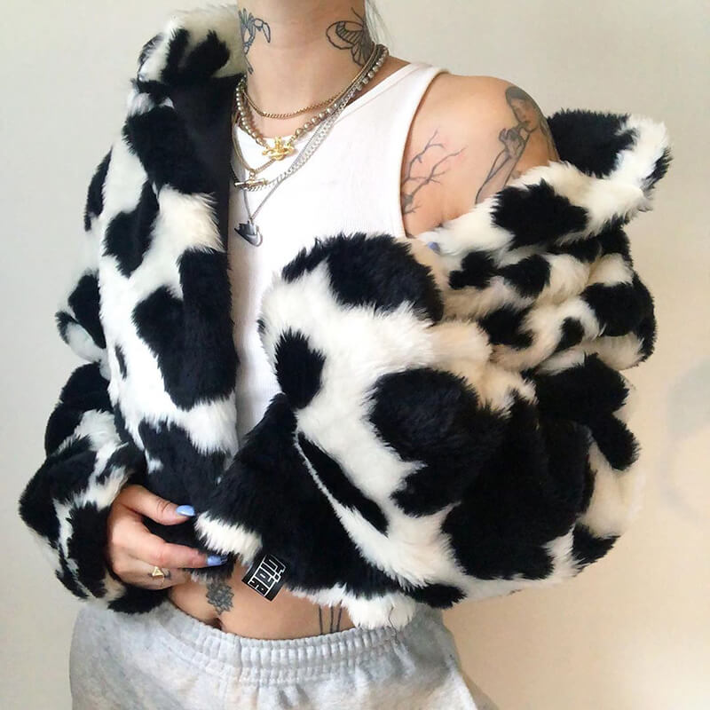 Cow pattern environmental protection wool imitation fur coat BY24903
