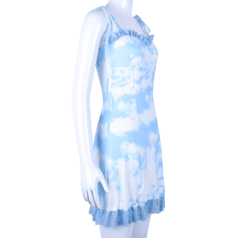 “BLUE SKY&WHITE CLOUD” LACE SLING DRESS BY71095