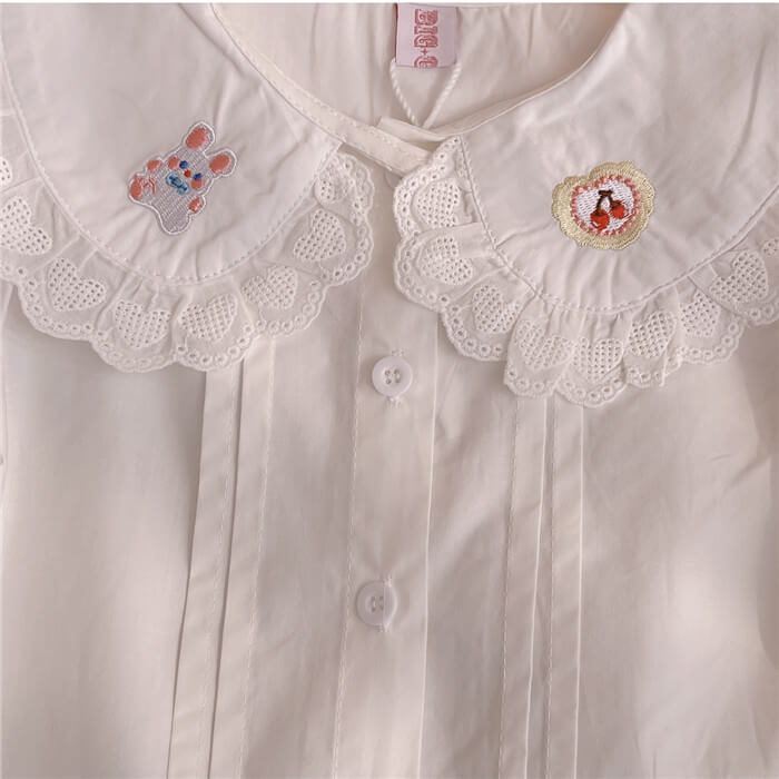 retro embroidered doll neck white lace shirt BY9615
