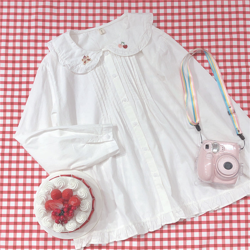 CHERRY BEAR EMBROIDERED LOTUS LEAF LONG SLEEVE SHIRT BY280805