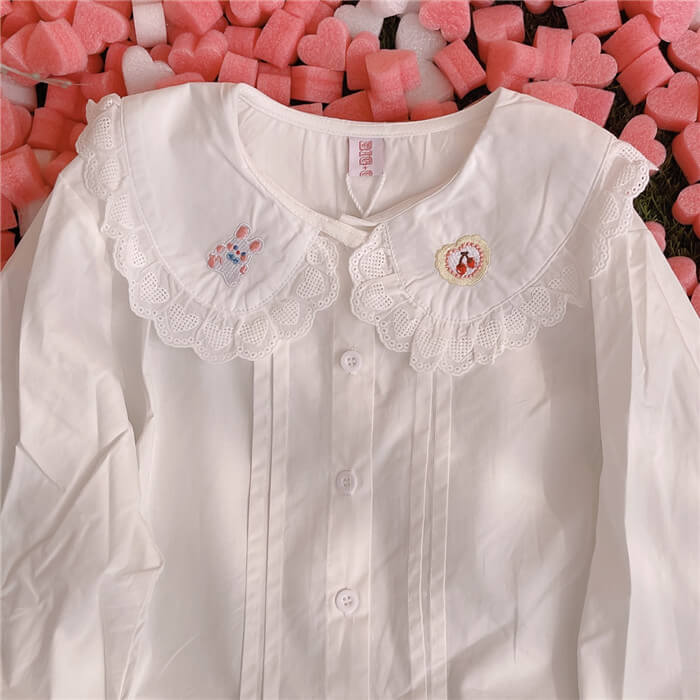 retro embroidered doll neck white lace shirt BY9615