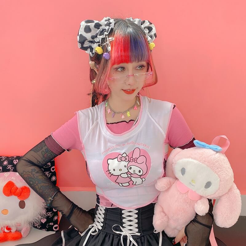 Harajuku hollowed out short irregular cartoon fashion Sanrio vest by0138