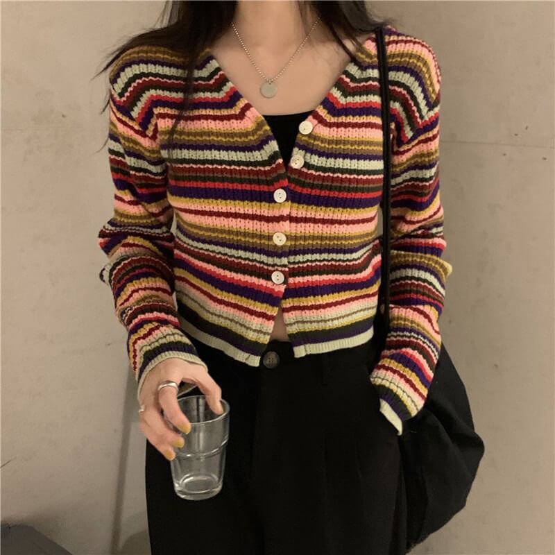 Vintage contrast stripe V-Neck long sleeve knit cardigan by29014