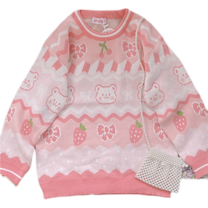 Pink strawberry & bear sweater by6214