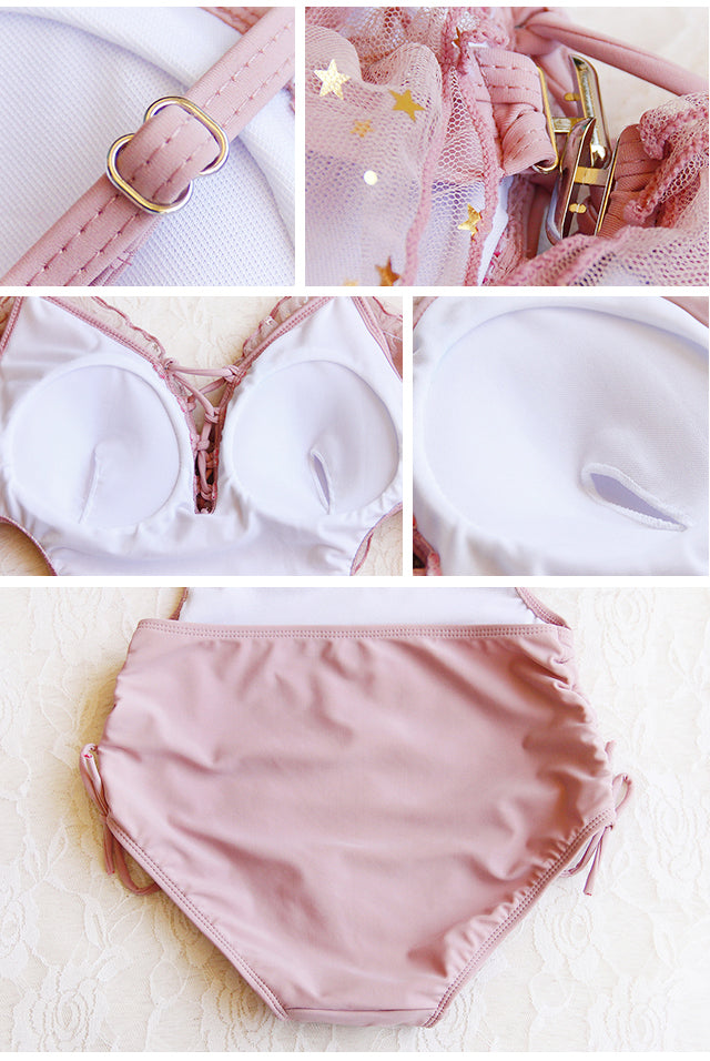 PASTEL PINK BLING STAR MESH TWO-PIECE SWIMSUIT BY17600 | aleeby