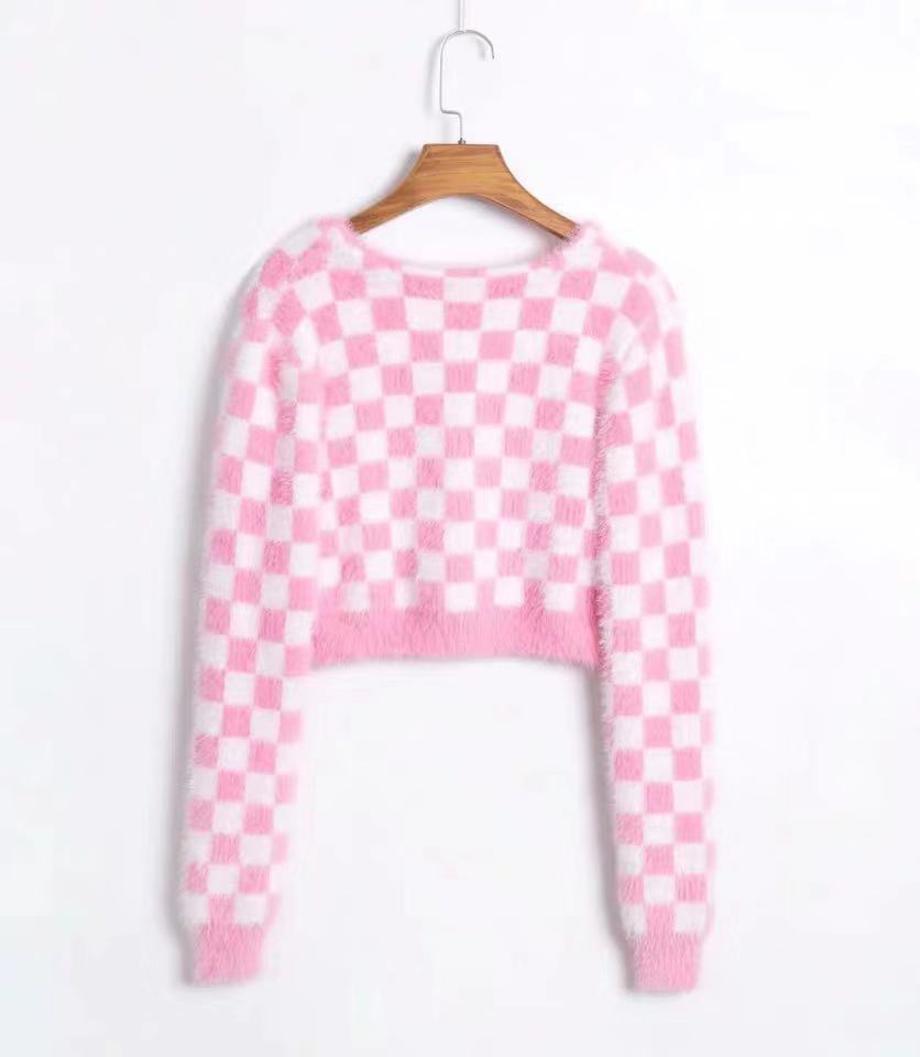 PINK PLAID VELVET SWEATER BY21148
