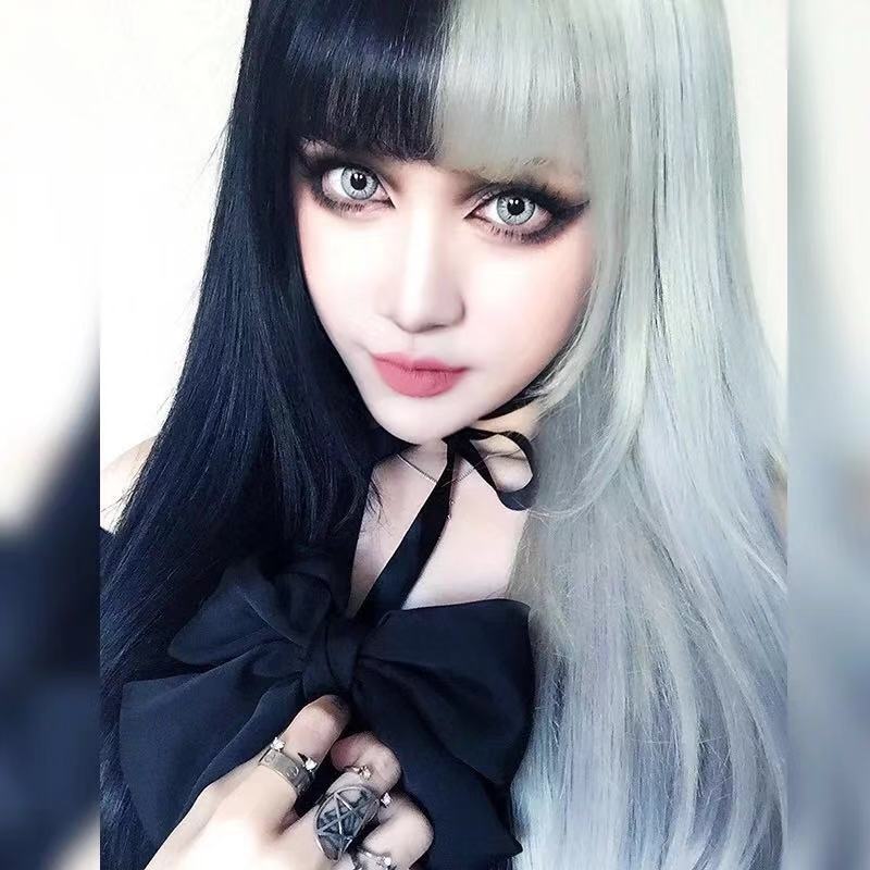 PUNK BLACK WHITE LONG STRAIGHT WIG