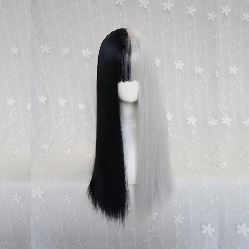 PUNK BLACK WHITE LONG STRAIGHT WIG