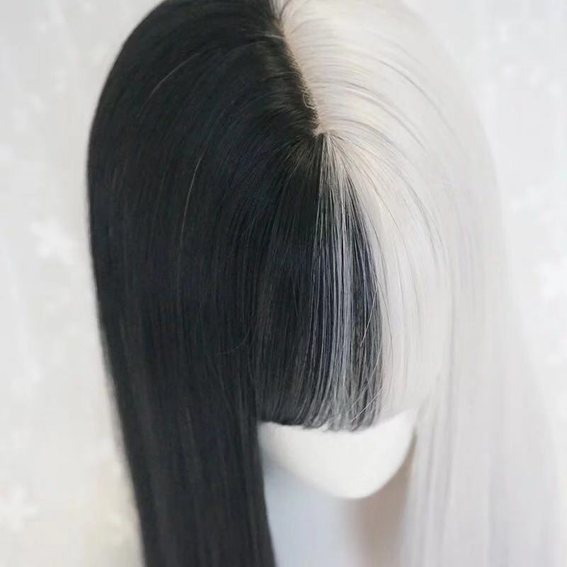 PUNK BLACK WHITE LONG STRAIGHT WIG