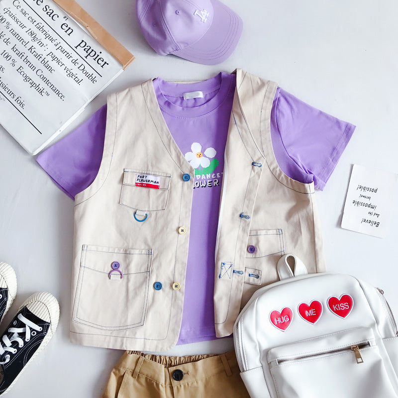 RETRO ''FLOWER'' BEIGE LOOSE VEST BY22197
