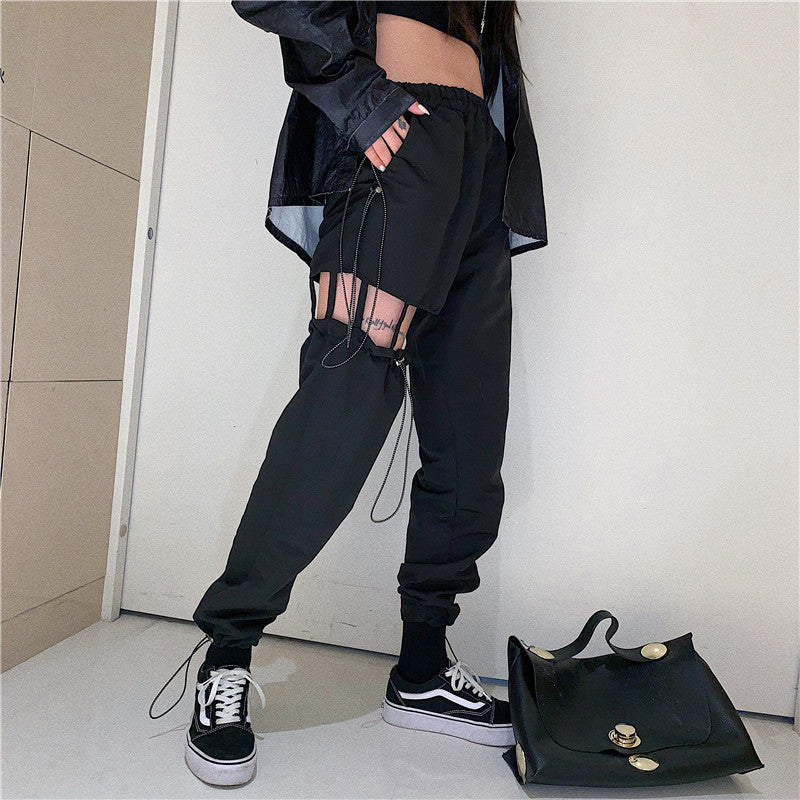 STREET FASHION BLACK HOLLOW-OUT OVERALLS PANTS BY63013