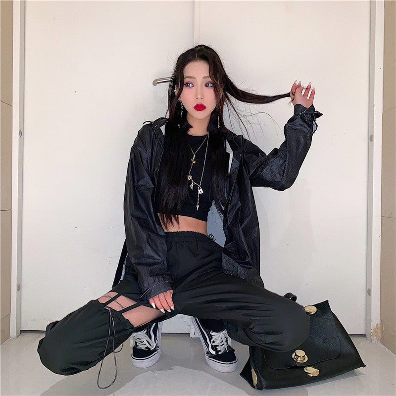 STREET FASHION BLACK HOLLOW-OUT OVERALLS PANTS BY63013