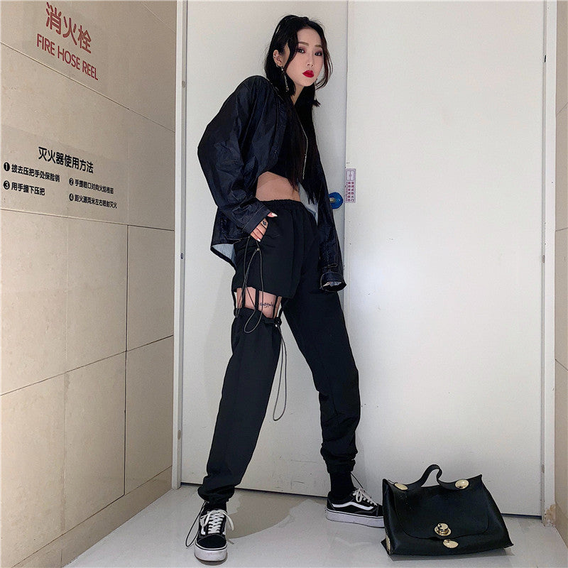STREET FASHION BLACK HOLLOW-OUT OVERALLS PANTS BY63013