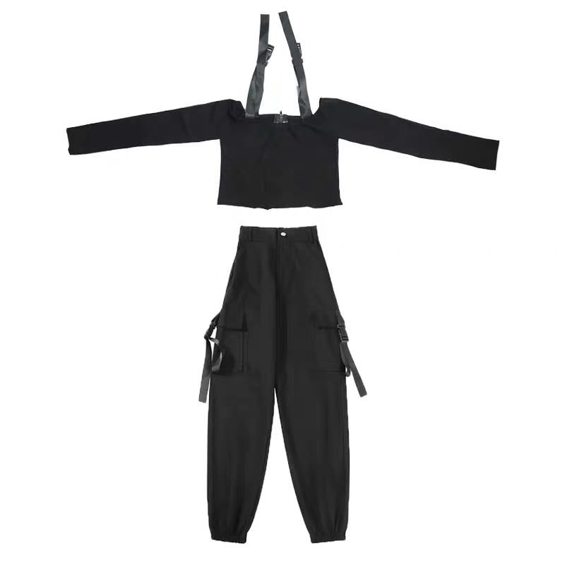 STREET FASHION BLACK OVERALLS PANTS SUIT BY63040