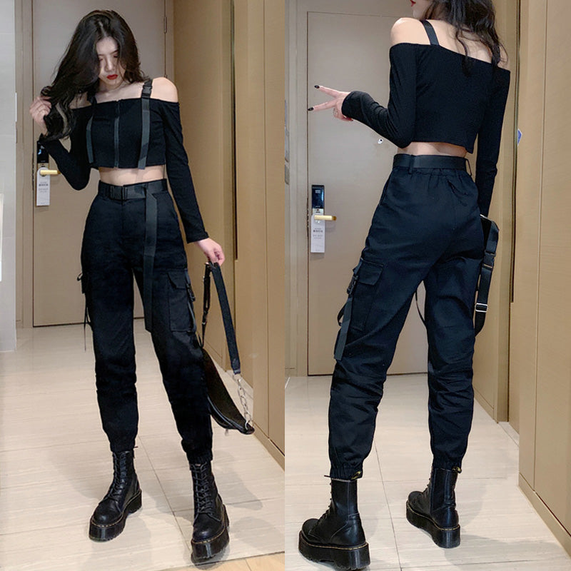 STREET FASHION BLACK OVERALLS PANTS SUIT BY63040