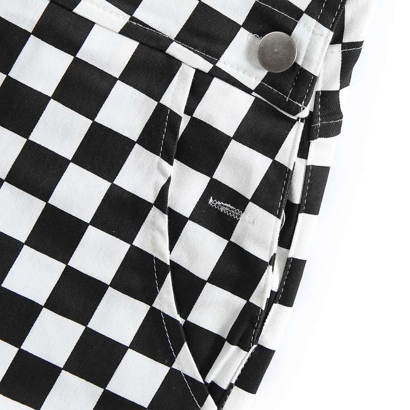 STREET FASHION BLACK WHITE CHECKERS OVERALLS PANTS BY63044