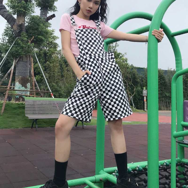 STREET FASHION BLACK WHITE CHECKERS OVERALLS SHORTS BY62022
