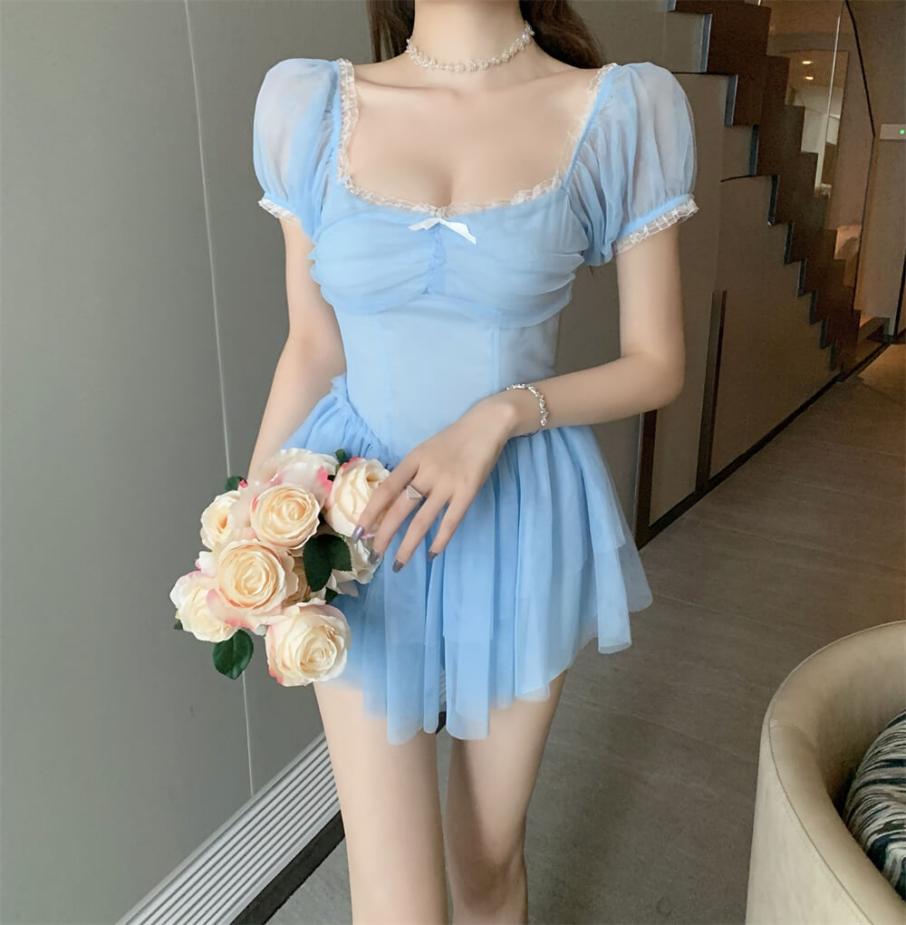 2023 new pastel Pink blue mesh sweet dress BY7004