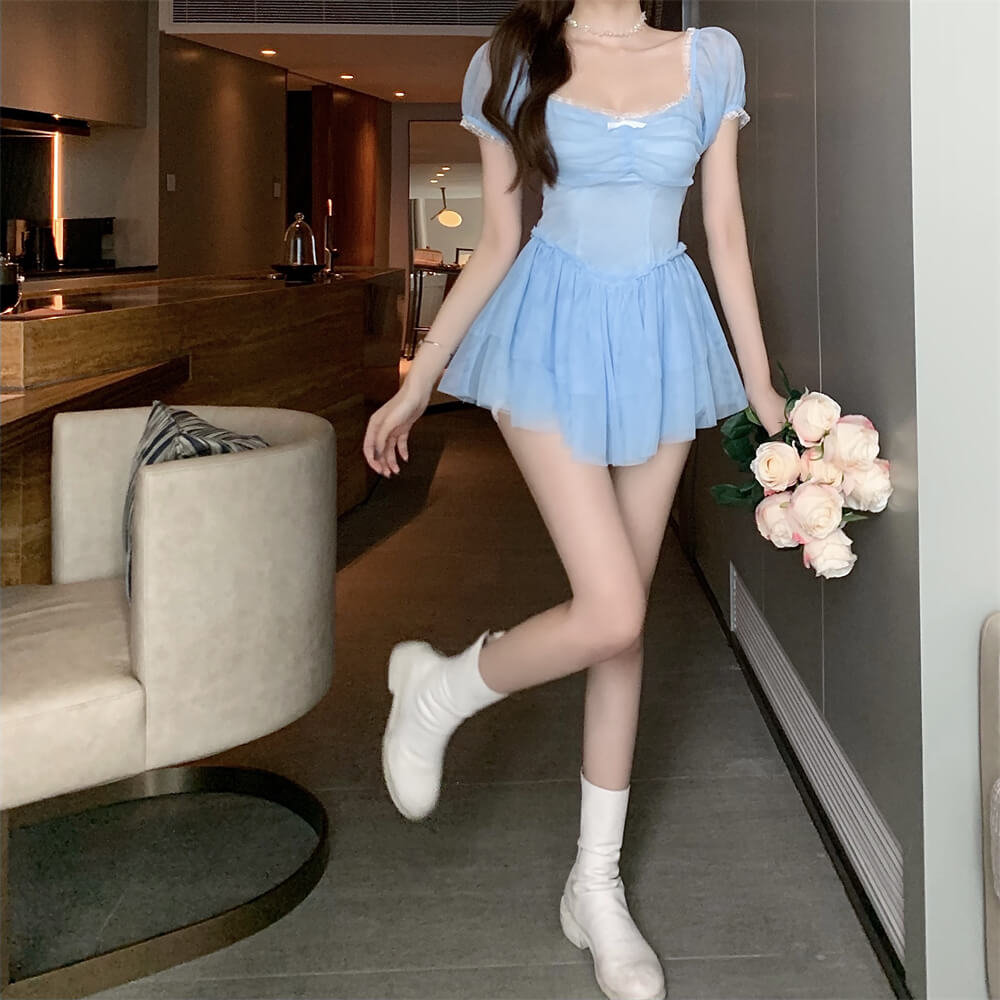 2023 new pastel Pink blue mesh sweet dress BY7004