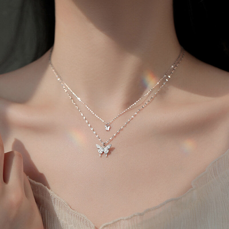 Silver double layer Butterfly fairy Necklace BY8061