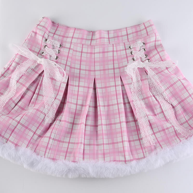 Ins Spice Girl wool stitched Pink Plaid pleated skirt BY4088