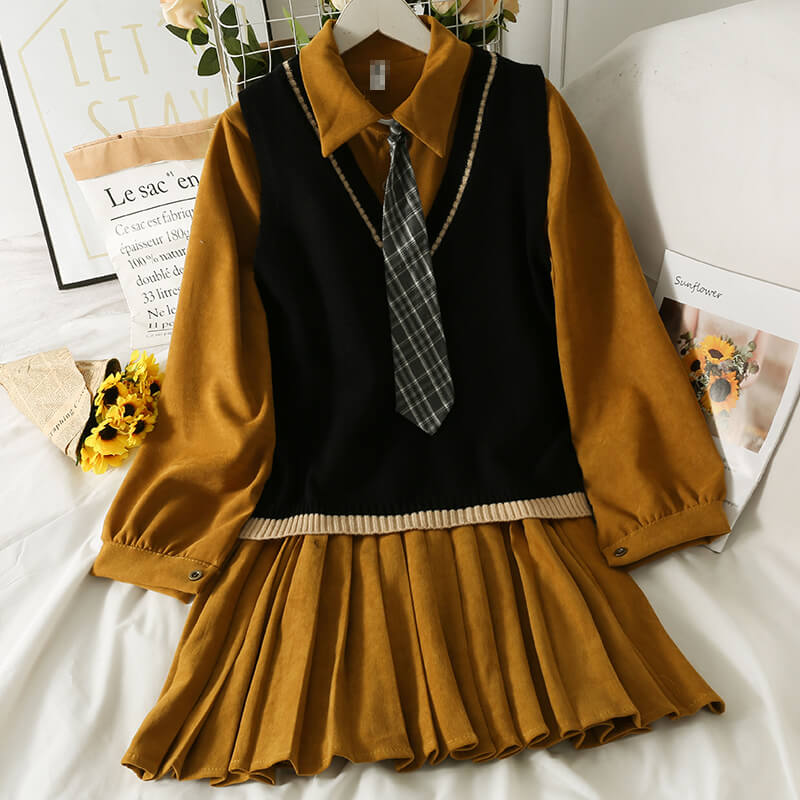 Vintage college style Pleated Dress & knitted vest BY9006