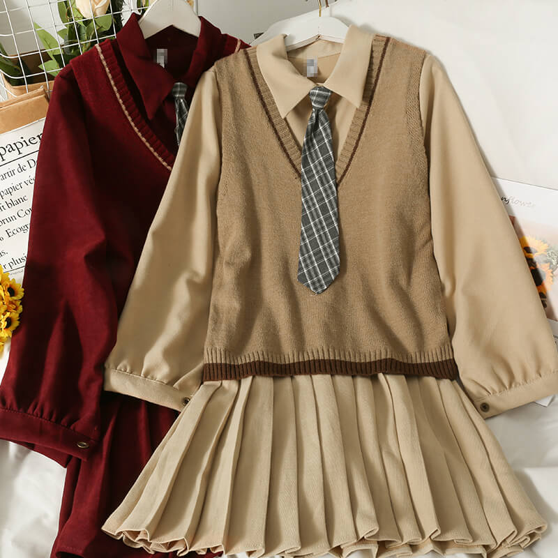 Vintage college style Pleated Dress & knitted vest BY9006