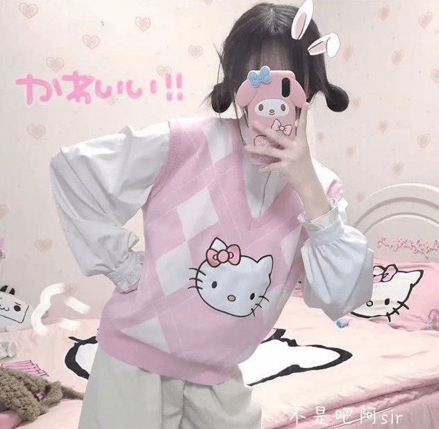 CUTE “HELLO KITTY" PASTEL PINK KNIT VEST BY9001