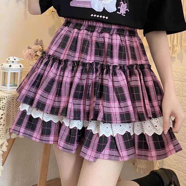 Japanese black pink plaid lace cake skirt BY1092