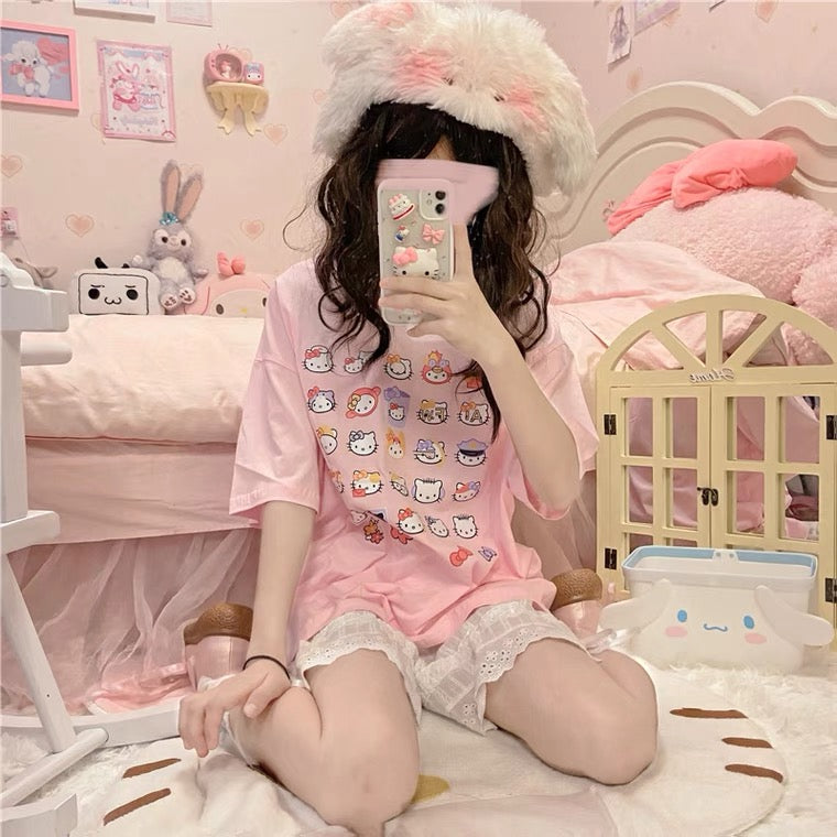 JAPANESE CUTE CAT PRINT PASTEL PINK T-SHIRT BY60038