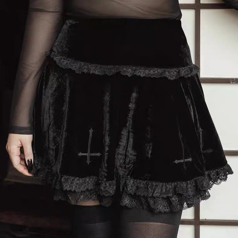 DARK FASHION EMBROIDERY LACE SUEDE SKIRT BY70181