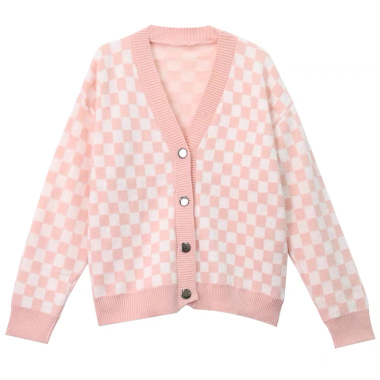 NEW PINK/GREEN/BLACK CHECKERS KNIT CARDIGAN COAT BY90010