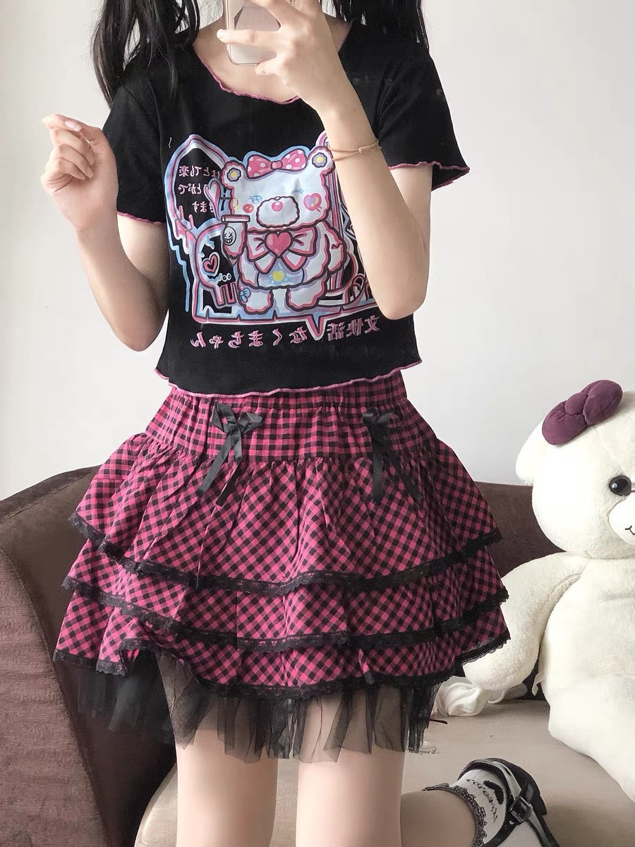 失常 Retro Plaid Cake Skirt & Beret
