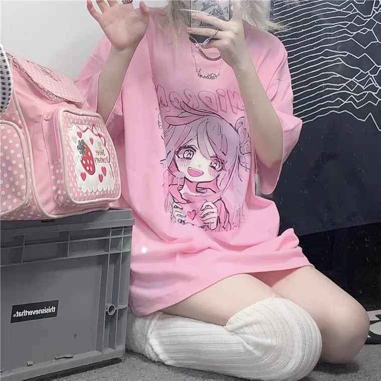 2021 INS FASHION PASTEL PINK PRINT OVERSIZED T-SHIRT BY50010
