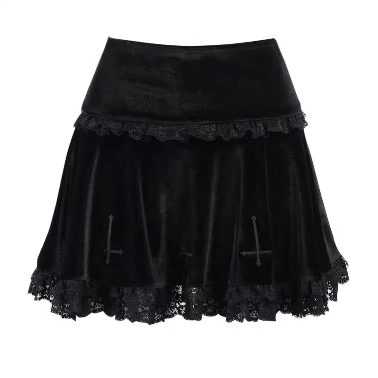 DARK FASHION EMBROIDERY LACE SUEDE SKIRT BY70181