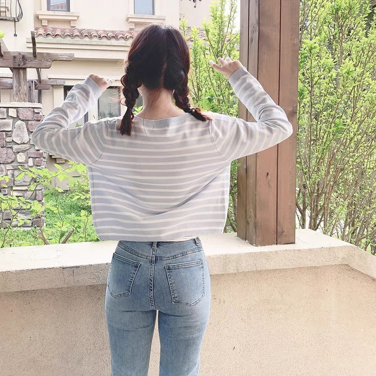 Pastel blue/black striped knit cardigan BY100