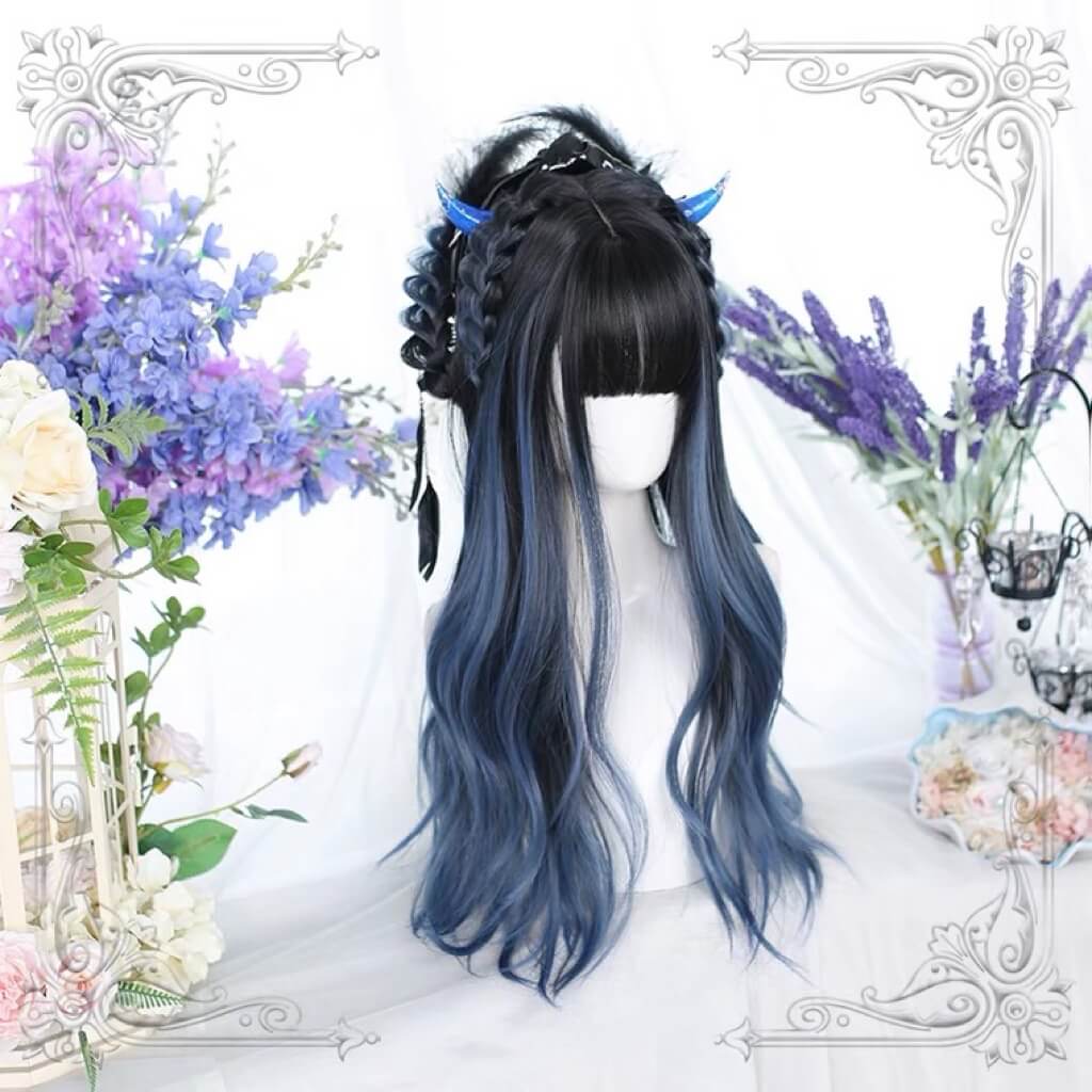 Ins pick dyed blue and black long wig BY4074