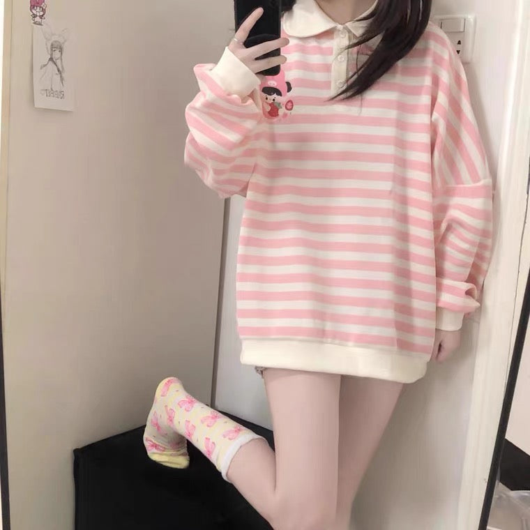 Japanese cute pink white striped sweatshirt BY108