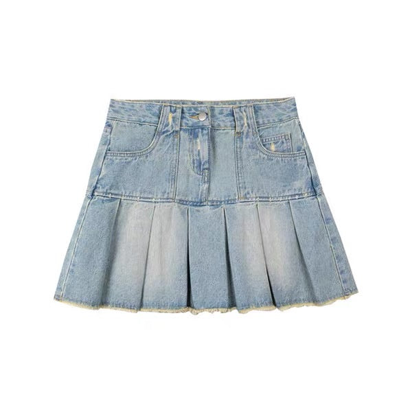 VINTAGE RETRO HIGH WAIST PLEATED DENIM SKIRT BY50016