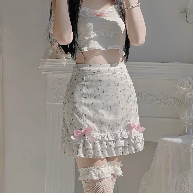 Ins sweet floral lace bow skirt BY2016