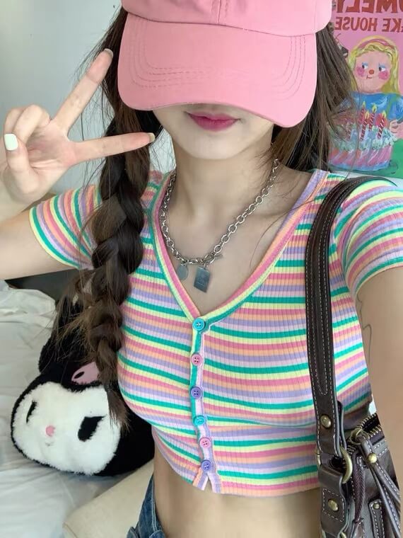 2022 new ins fashion rainbow striped knit shirt BY7070