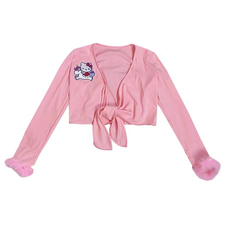 CUTE “HELLO KITTY”PASTEL PINK Y2K BOW SHIRT BY98777