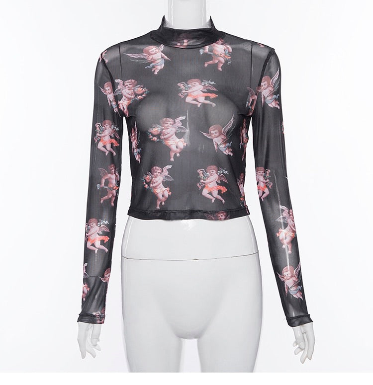 INS HOT ANGEL PRINT MESH T-SHIRT